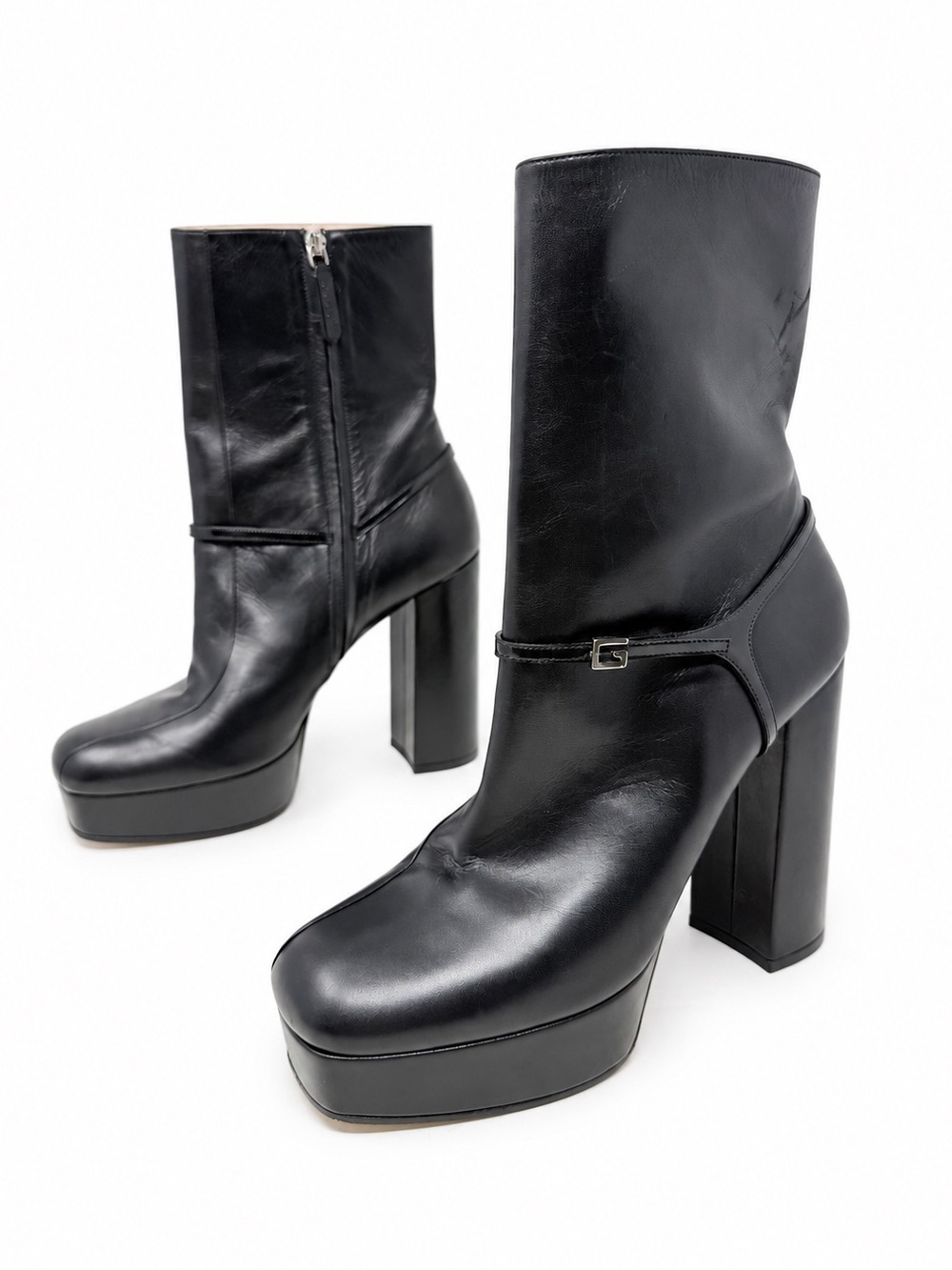 Gucci Tiarah Black Leather Platform Block Heel Boots Womens Size EU 41